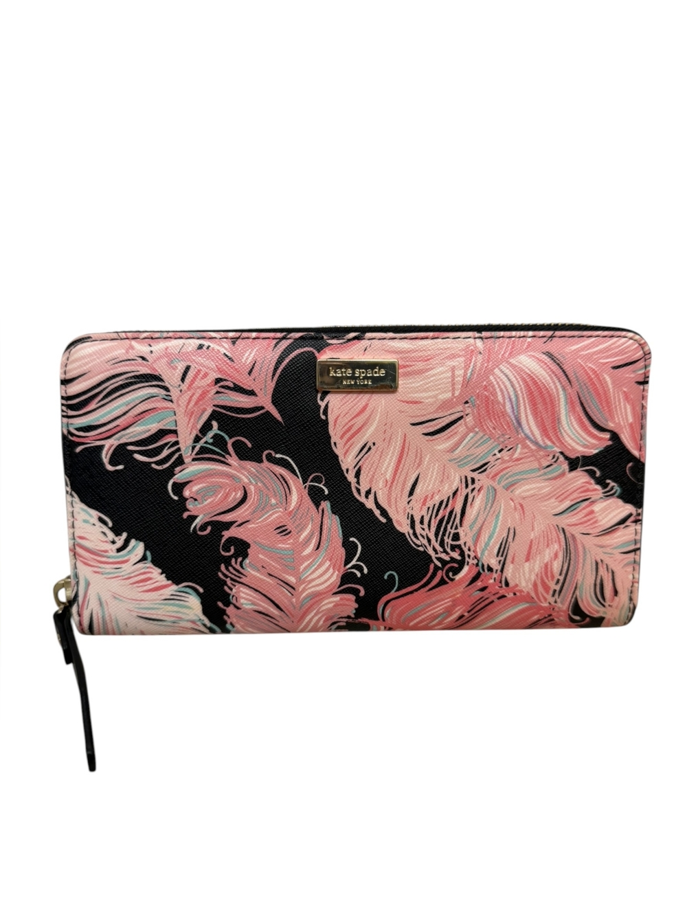 kate spade Pink Feather Print Zip Around Wallet on Black